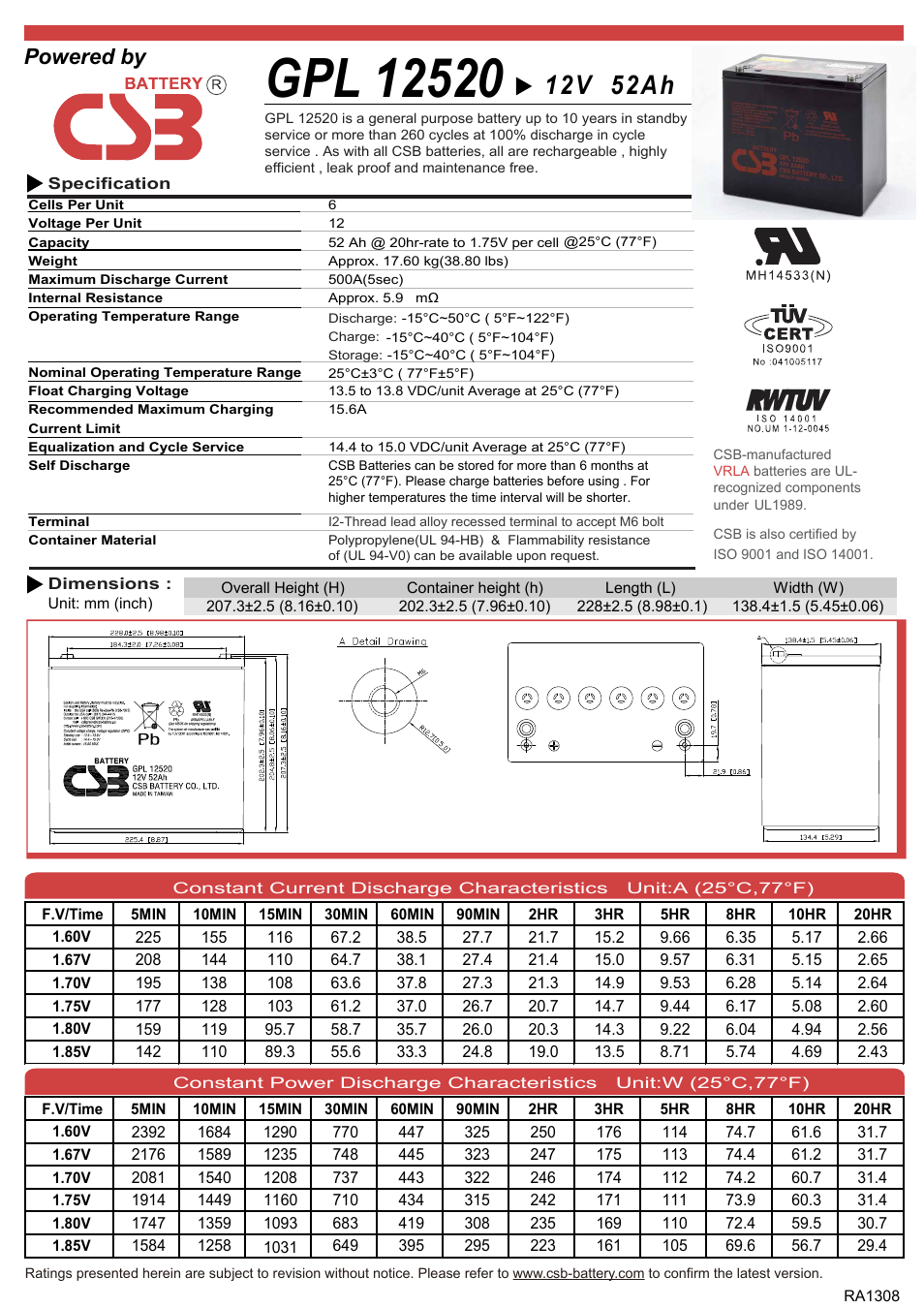 CSB Battery GPL12520 User Manual | 2 pages
