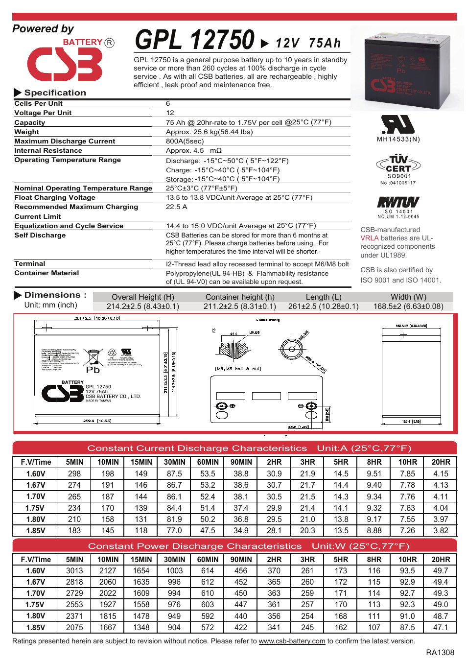 CSB Battery GPL12750 User Manual | 2 pages
