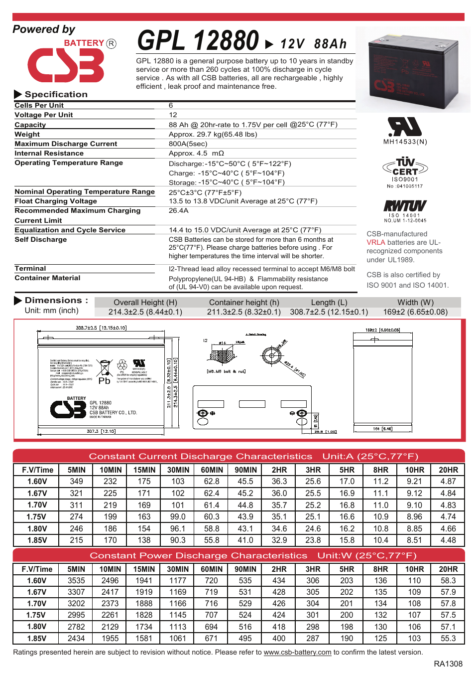 CSB Battery GPL12880 User Manual | 2 pages