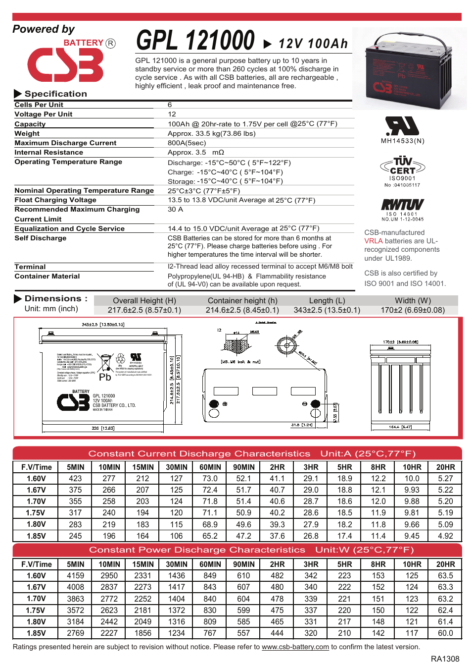 CSB Battery GPL121000 User Manual | 2 pages