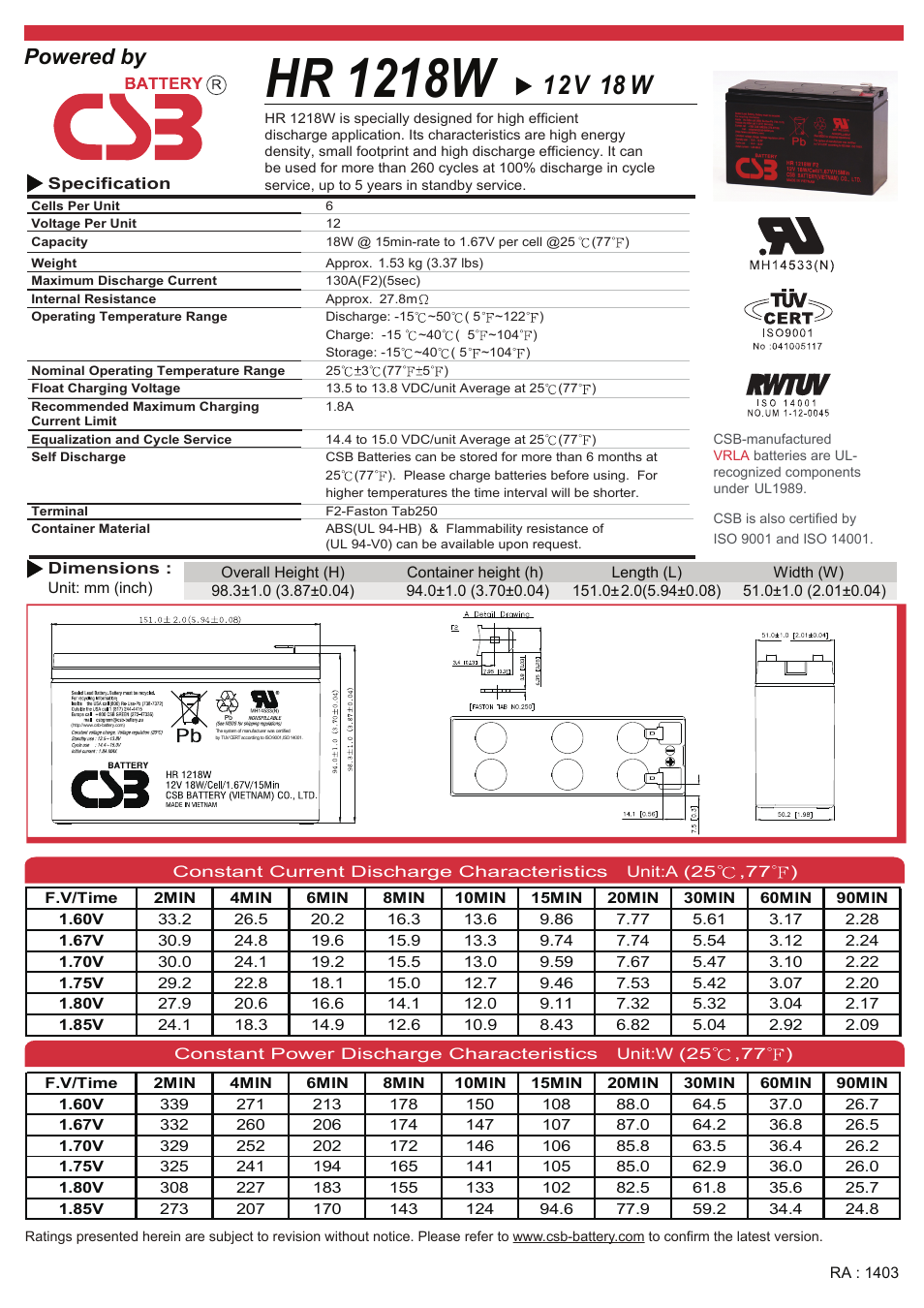 CSB Battery HR1218W User Manual | 2 pages