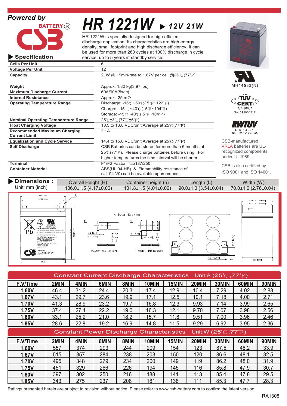 CSB Battery HR1221W User Manual | 2 pages