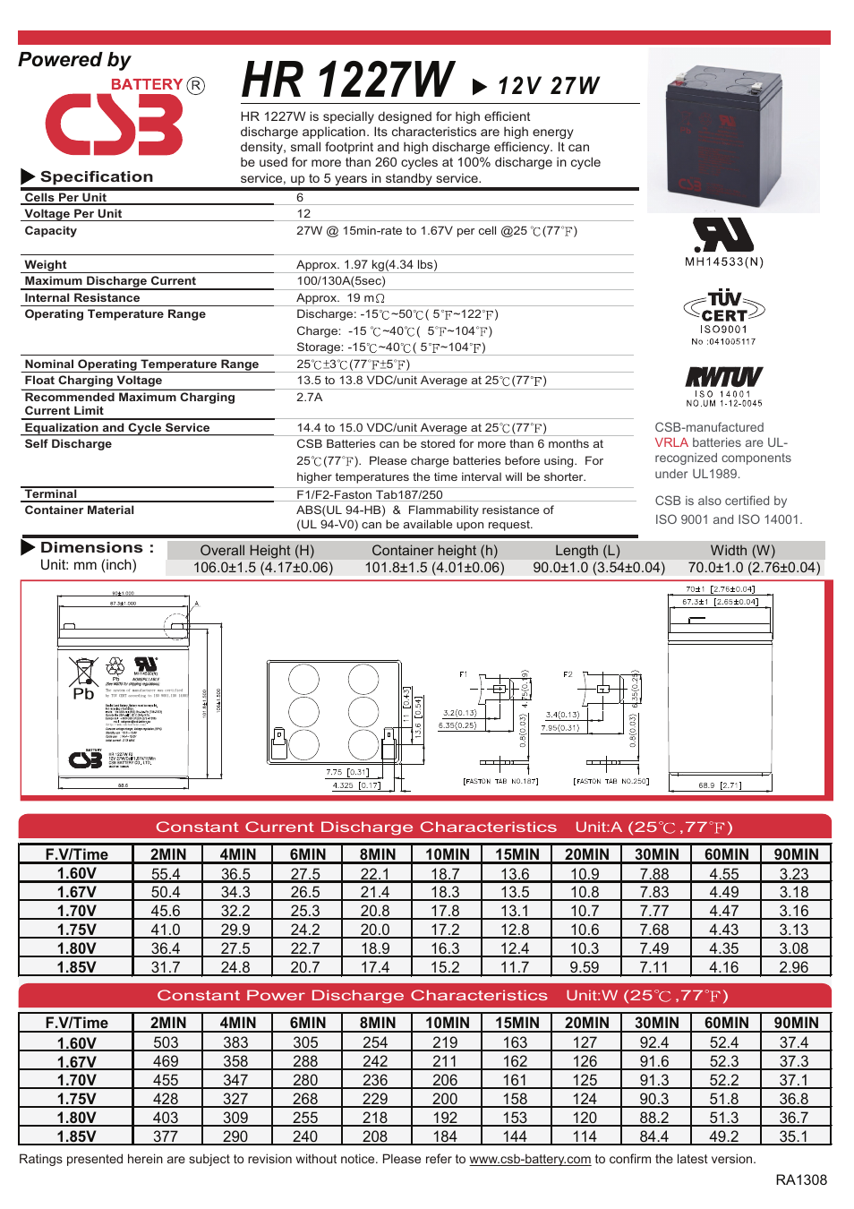 CSB Battery HR1227W User Manual | 2 pages