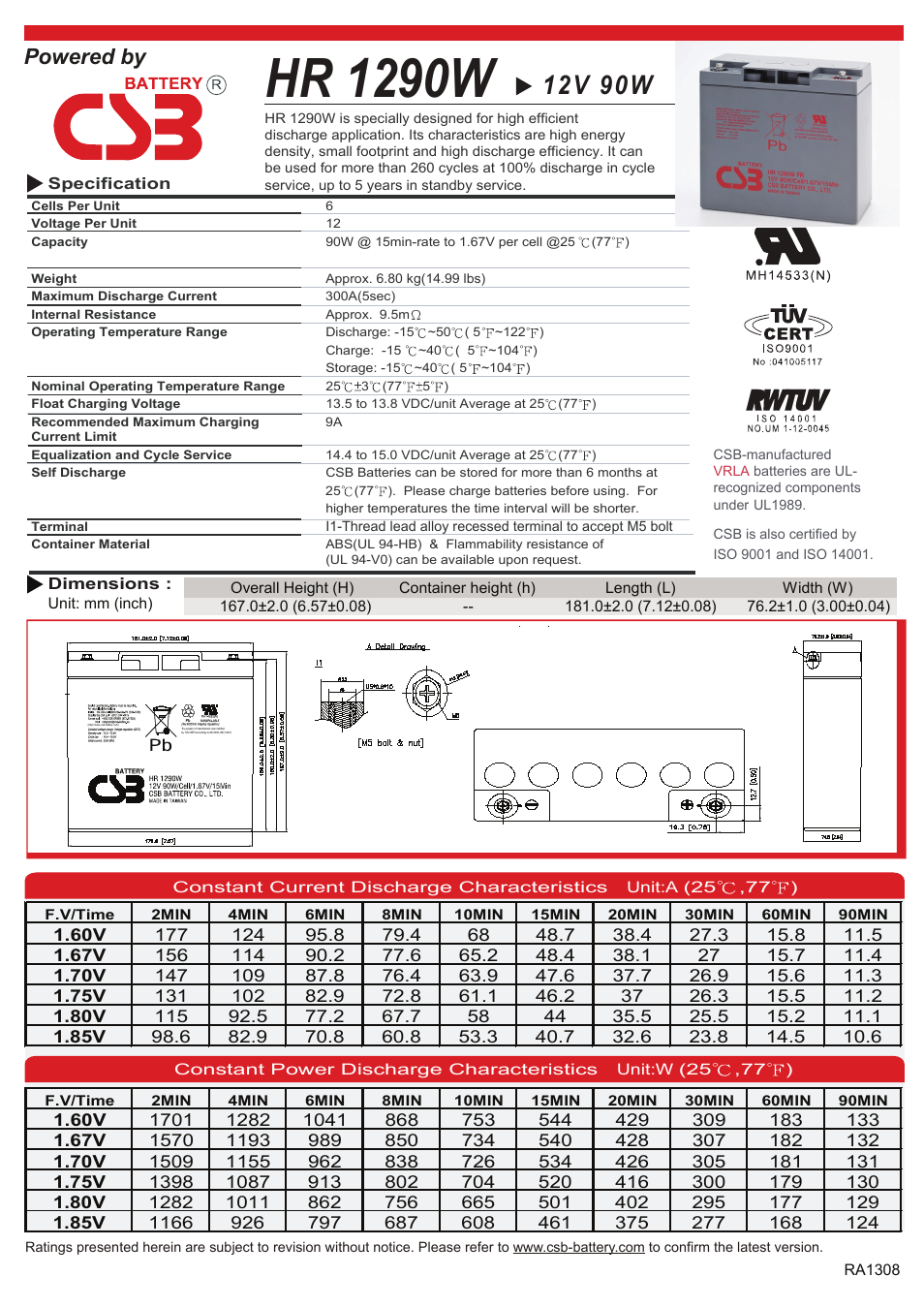 CSB Battery HR1290W User Manual | 2 pages