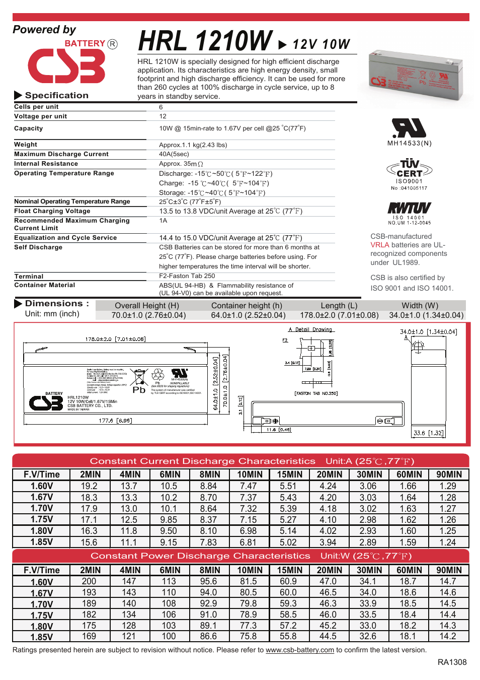 CSB Battery HRL1210W User Manual | 2 pages