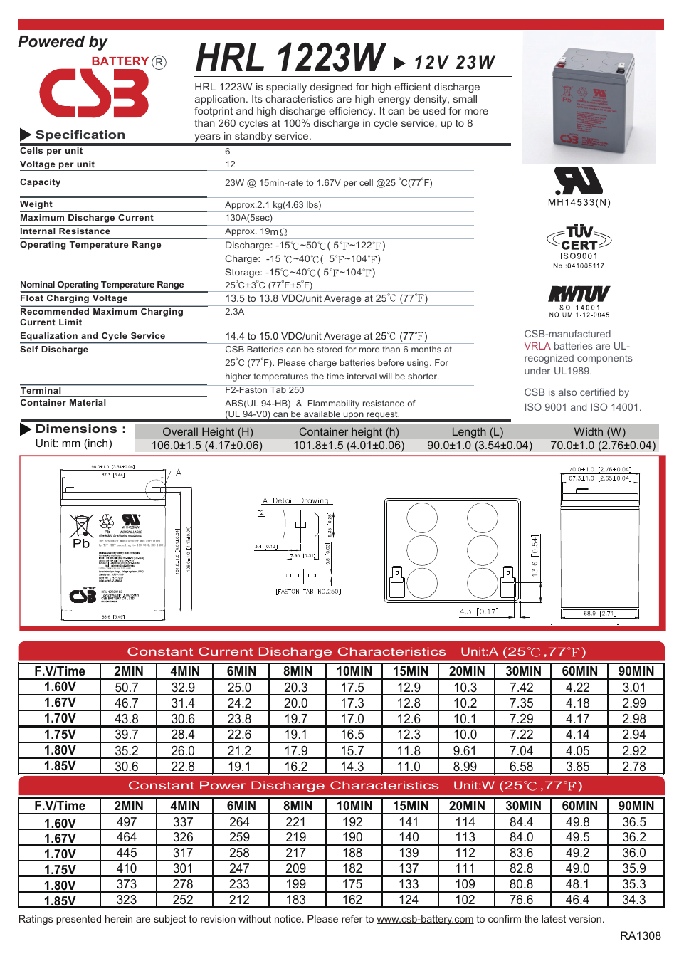 CSB Battery HRL1223W User Manual | 2 pages