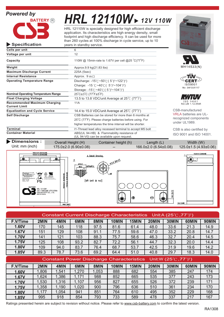 CSB Battery HRL12110W User Manual | 2 pages