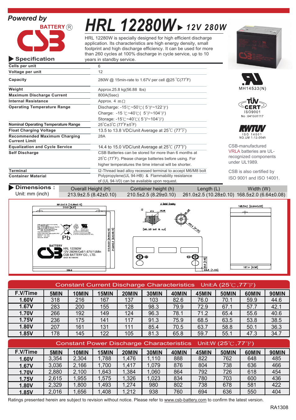 CSB Battery HRL12280W User Manual | 2 pages
