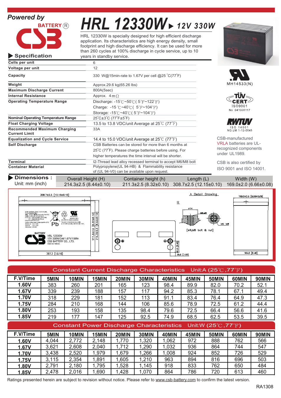 CSB Battery HRL12330W User Manual | 2 pages