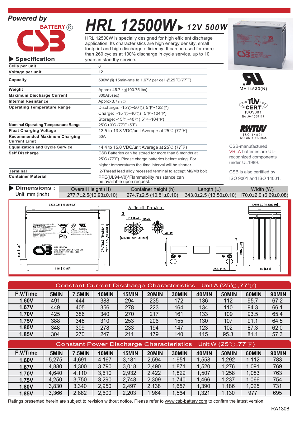 CSB Battery HRL12500W User Manual | 2 pages