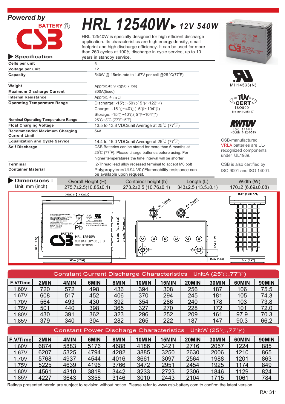 CSB Battery HRL12540W User Manual | 2 pages