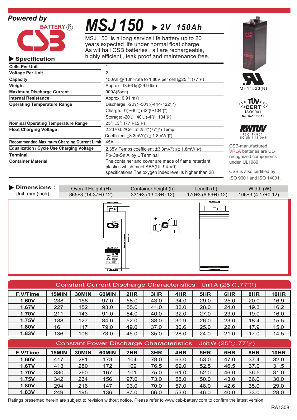 CSB Battery MSJ150 User Manual | 2 pages