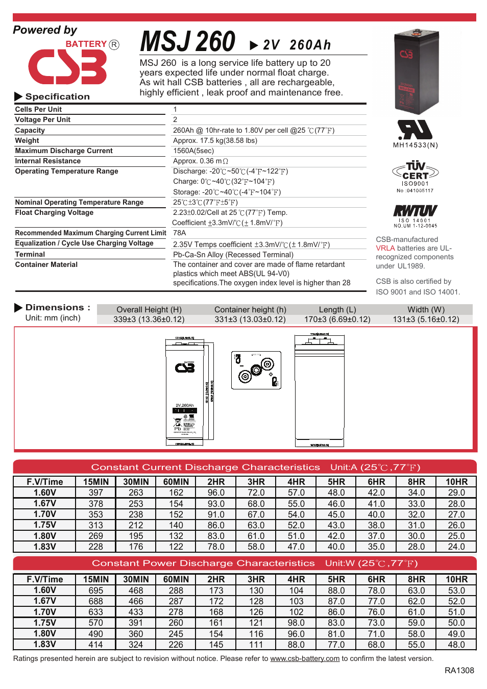 CSB Battery MSJ260 User Manual | 2 pages