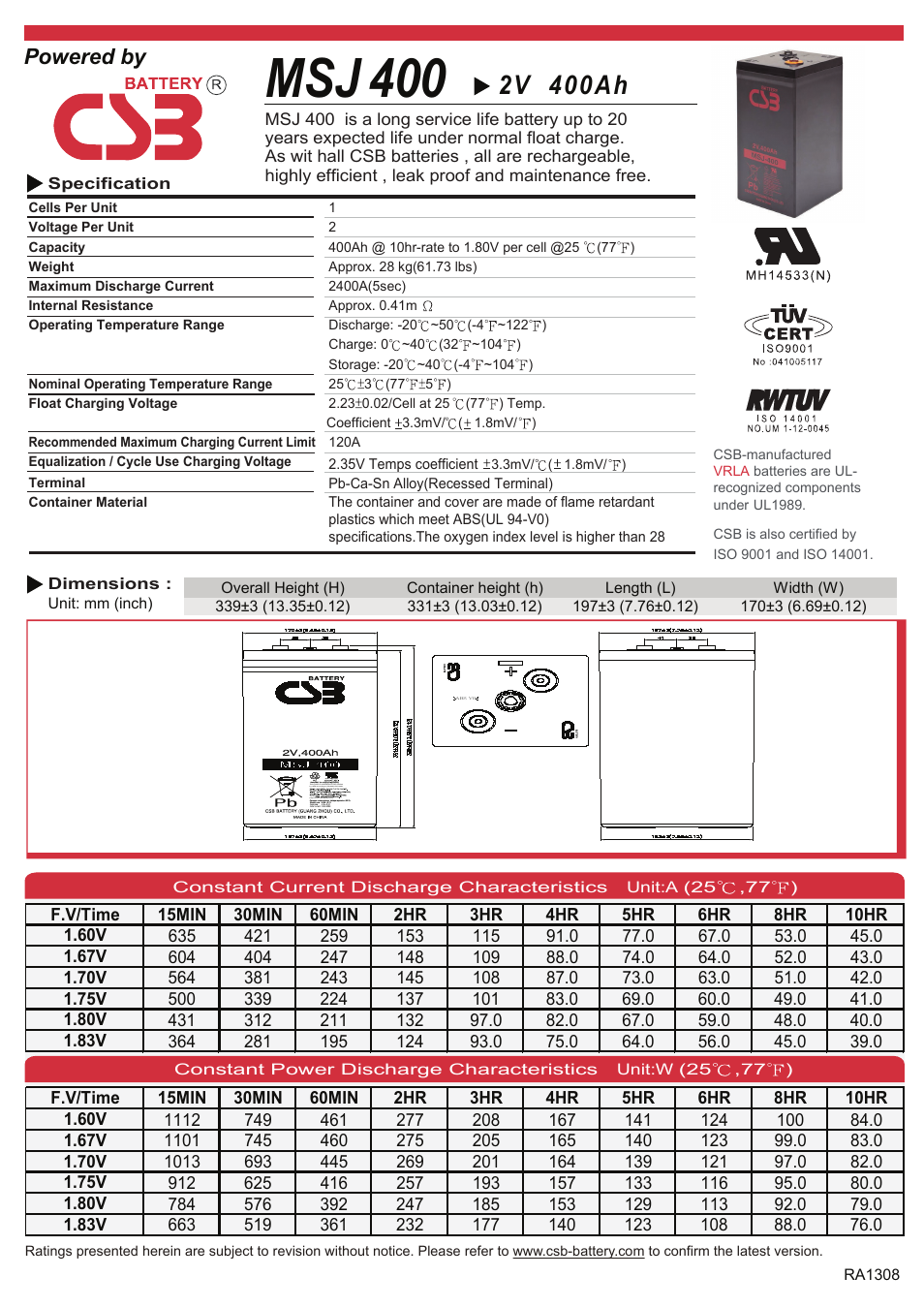 CSB Battery MSJ400 User Manual | 2 pages