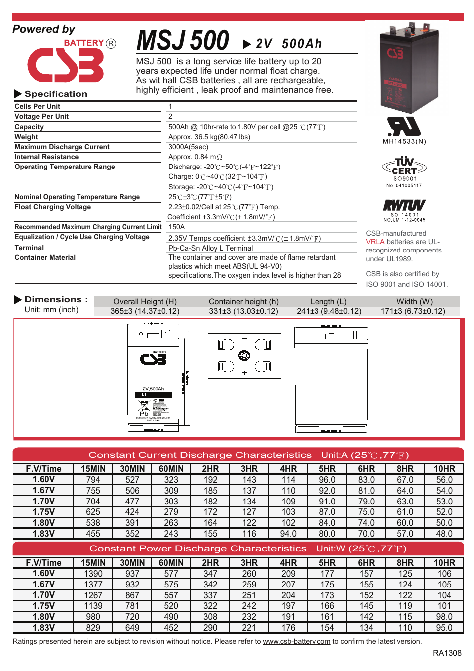 CSB Battery MSJ500 User Manual | 2 pages