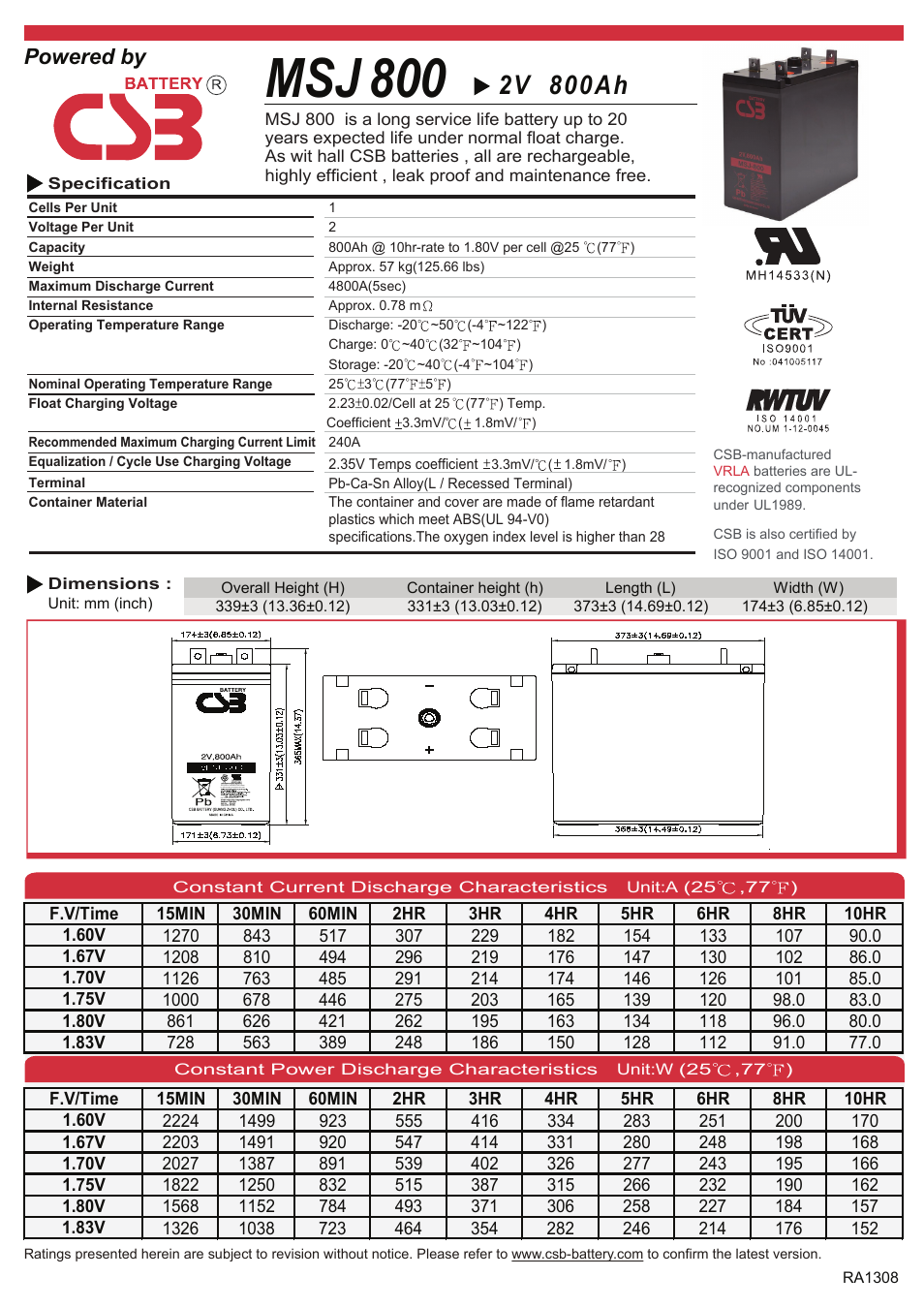 CSB Battery MSJ800 User Manual | 2 pages