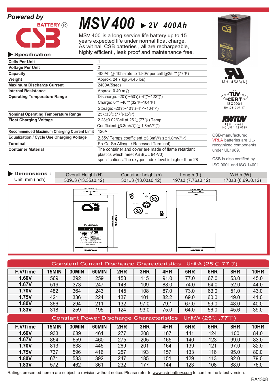 CSB Battery MSV400 User Manual | 2 pages