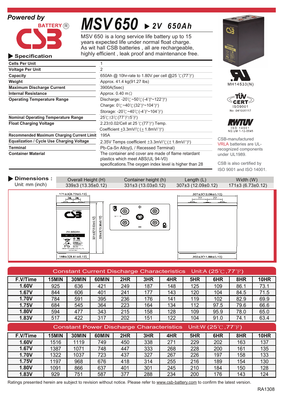 CSB Battery MSV650 User Manual | 2 pages