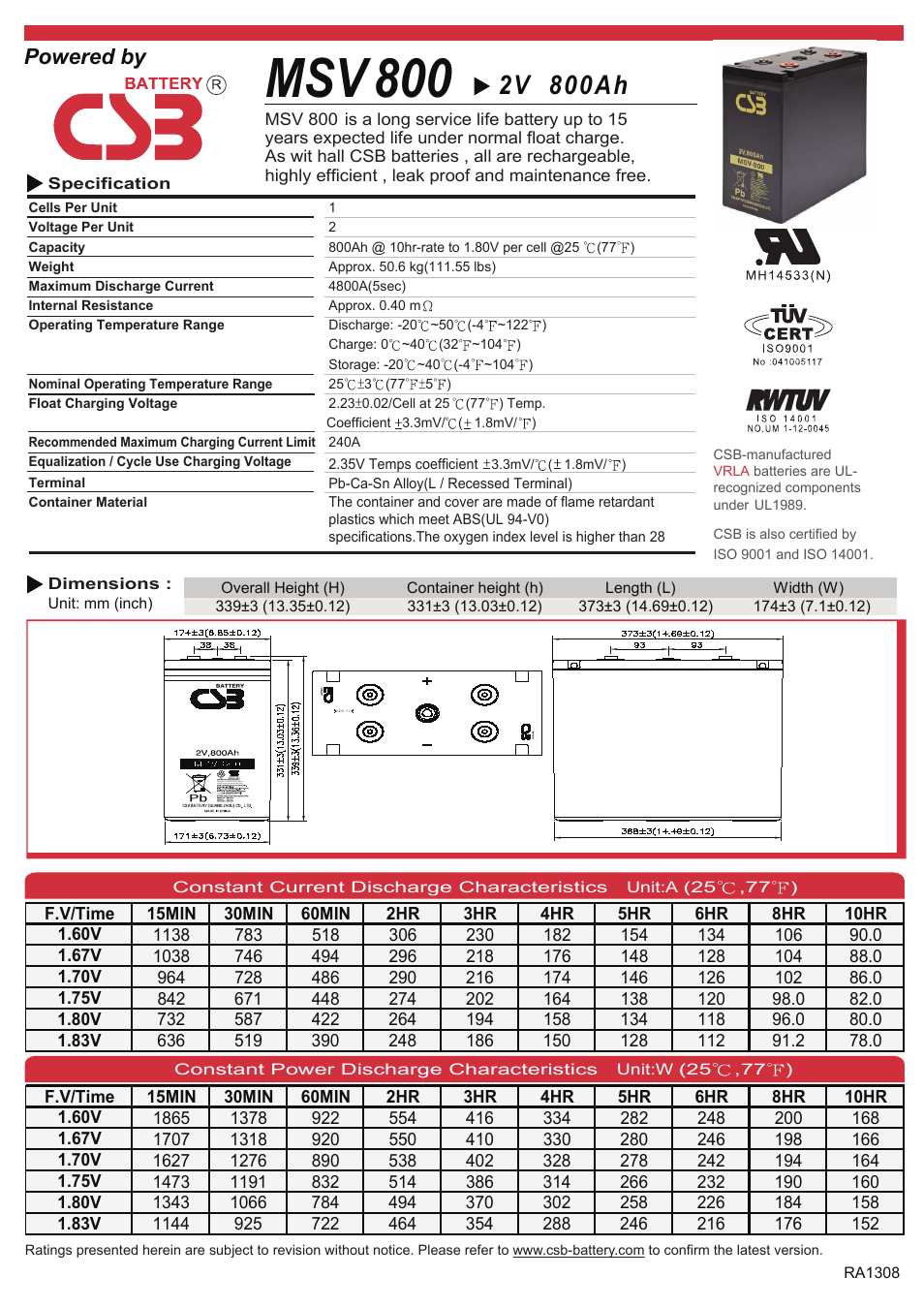 CSB Battery MSV800 User Manual | 2 pages