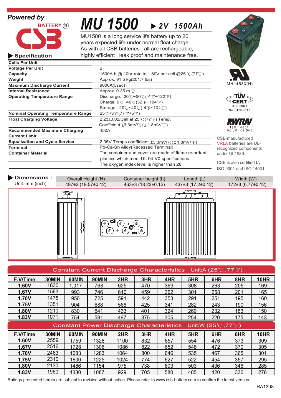 CSB Battery MU1500S User Manual | 2 pages