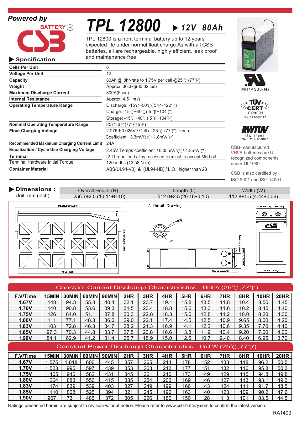 CSB Battery TPL12800 User Manual | 2 pages