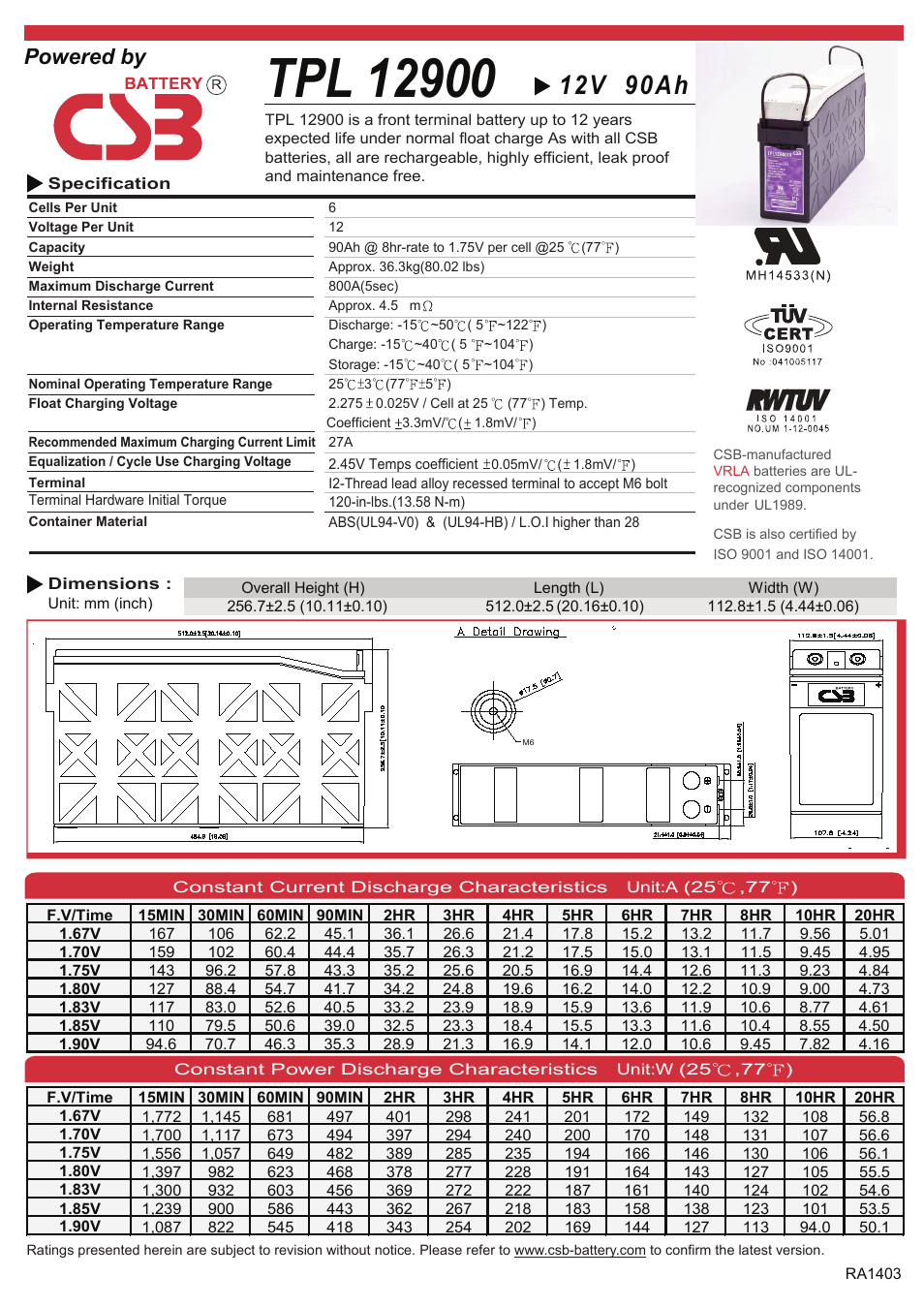 CSB Battery TPL12900 User Manual | 2 pages