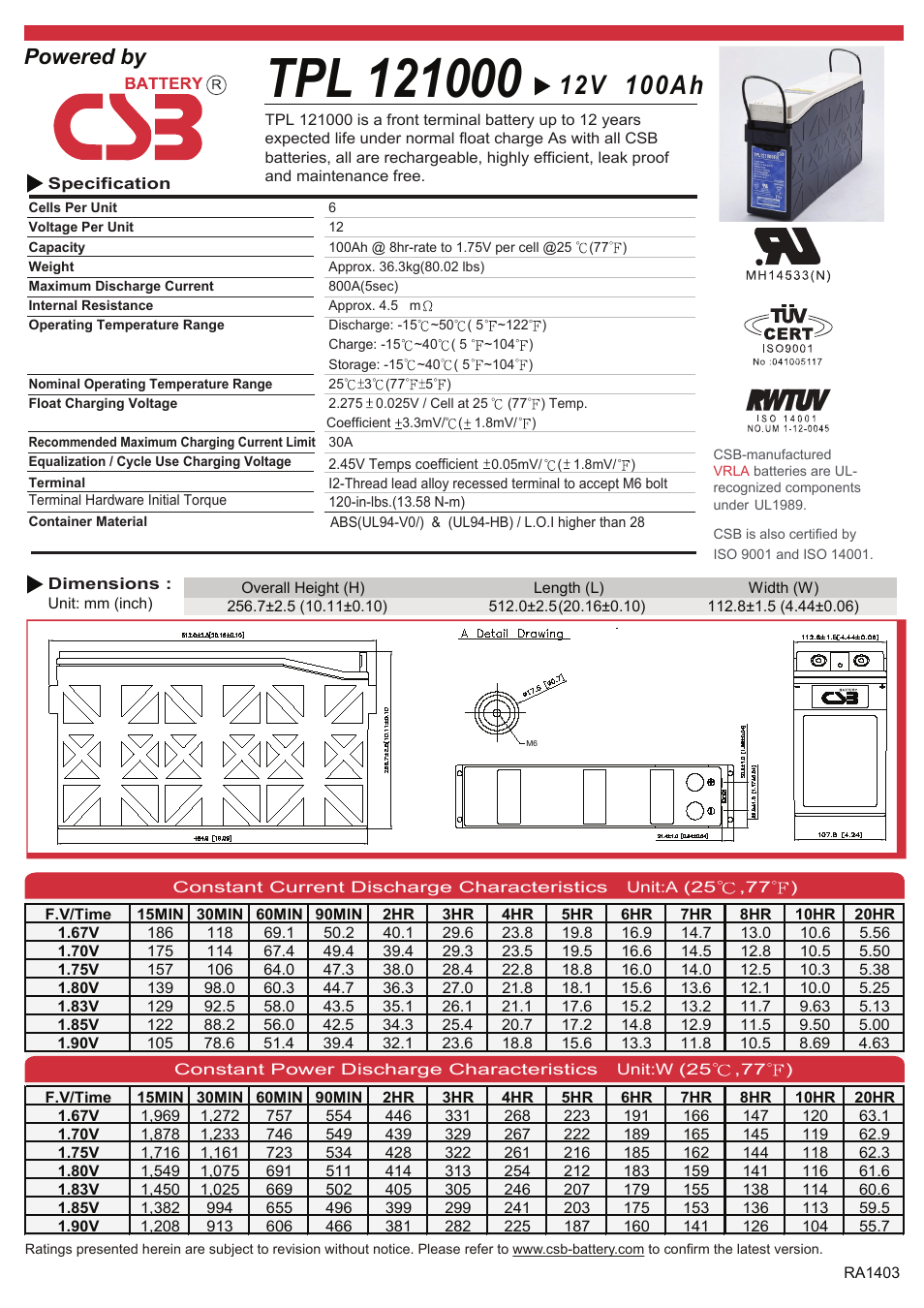 CSB Battery TPL121000 User Manual | 2 pages