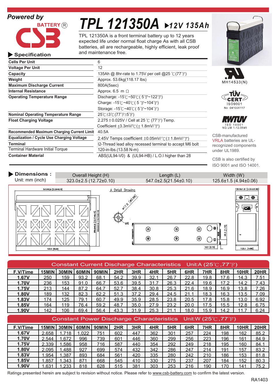 CSB Battery TPL121350A User Manual | 2 pages