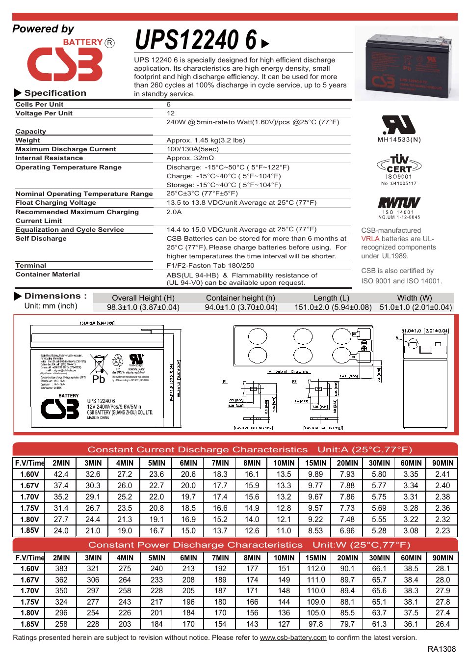 CSB Battery UPS122406 User Manual | 2 pages