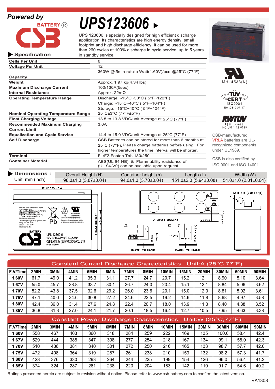 CSB Battery UPS123606 User Manual | 2 pages