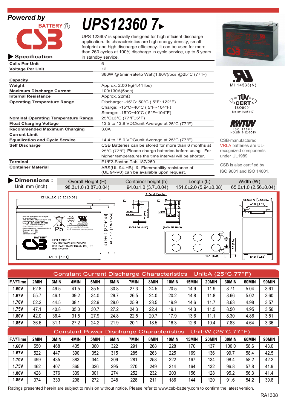 CSB Battery UPS123607 User Manual | 2 pages