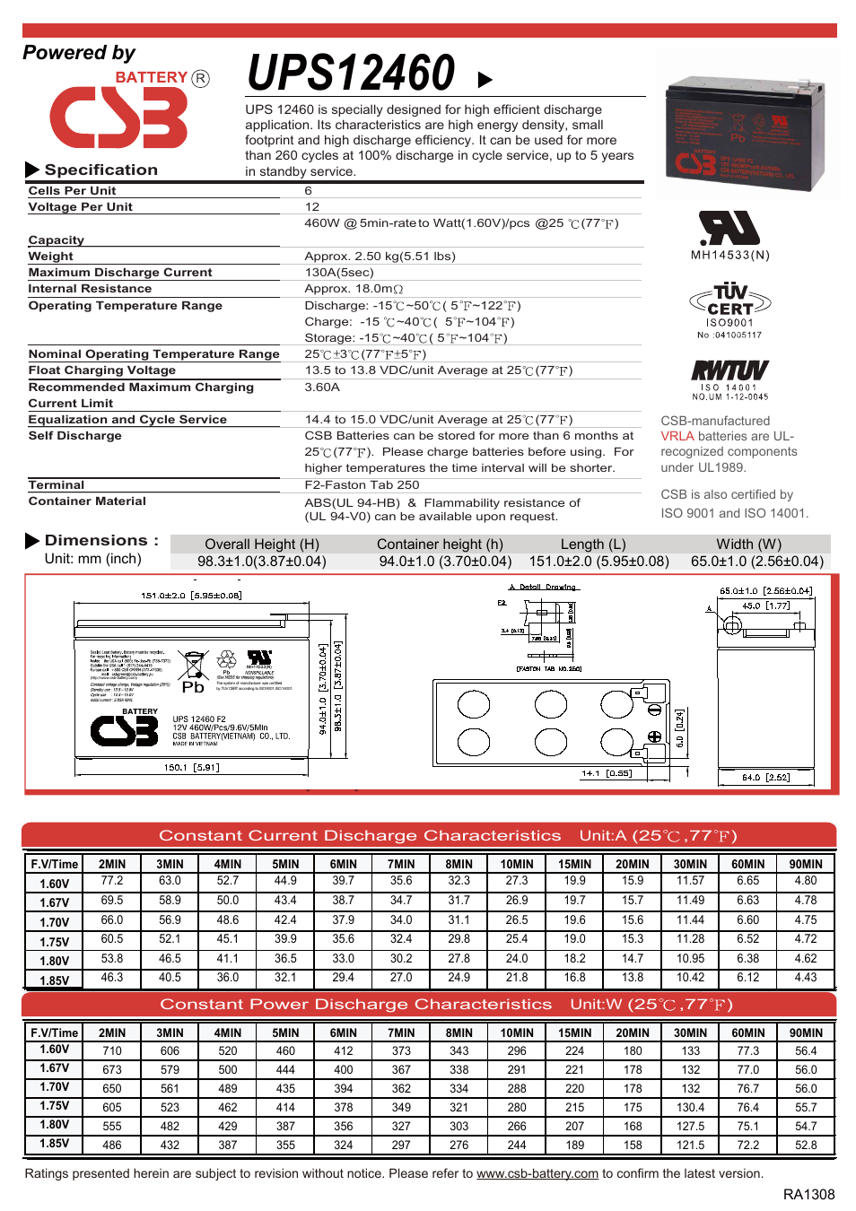 CSB Battery UPS12460 User Manual | 2 pages