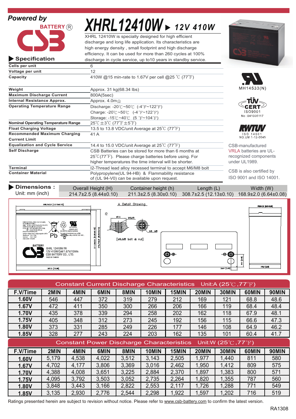 CSB Battery XHRL12410W User Manual | 2 pages