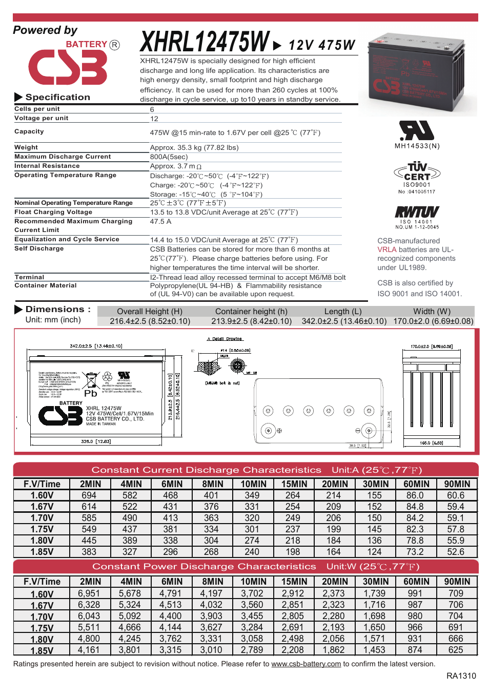 CSB Battery XHRL12475W User Manual | 2 pages