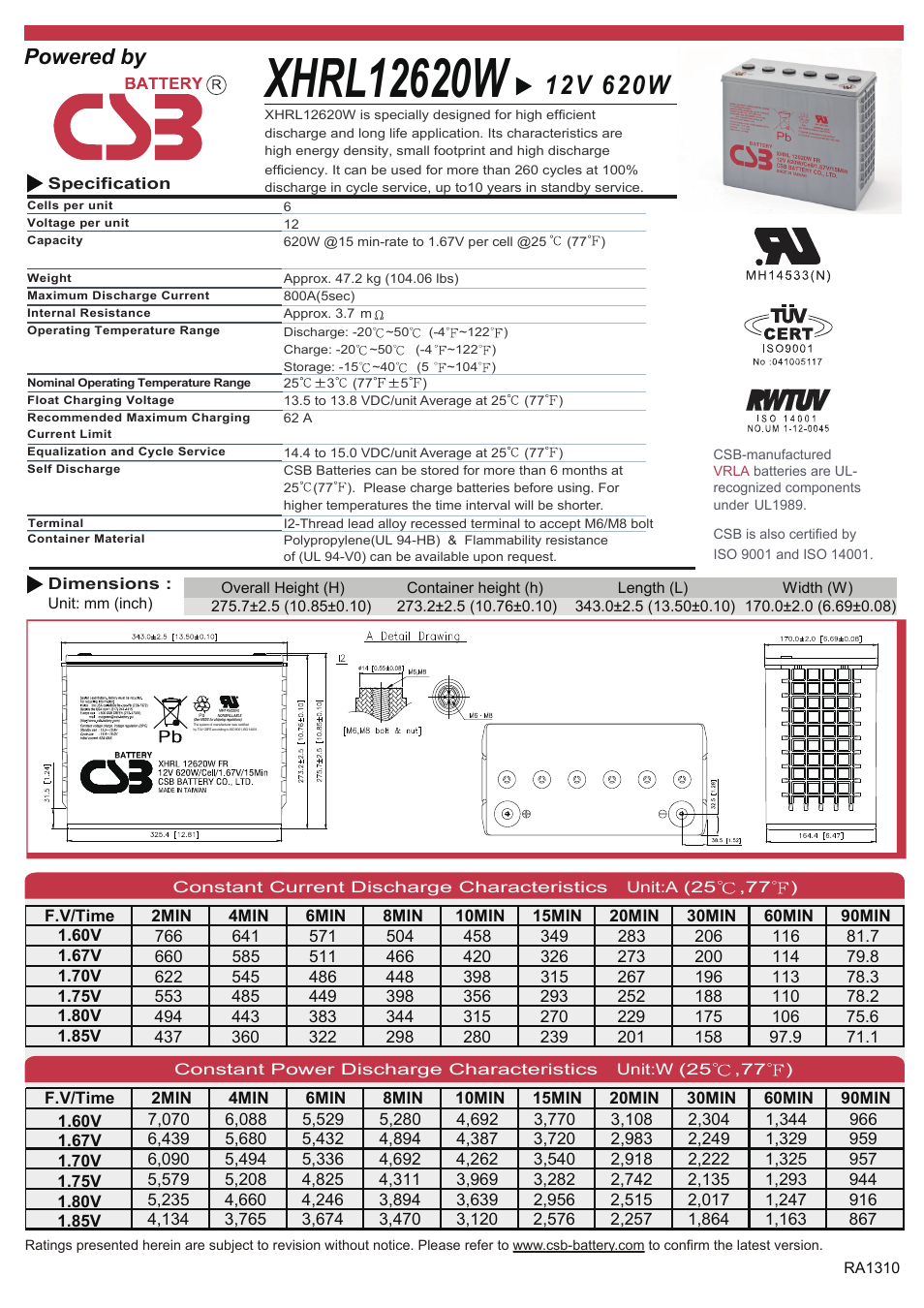 CSB Battery XHRL12620W User Manual | 2 pages