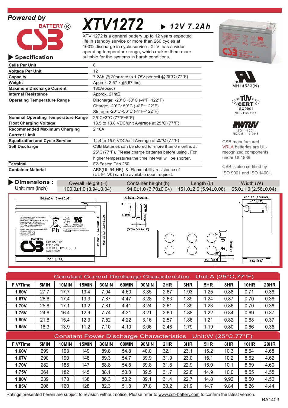 CSB Battery XTV1272 User Manual | 2 pages