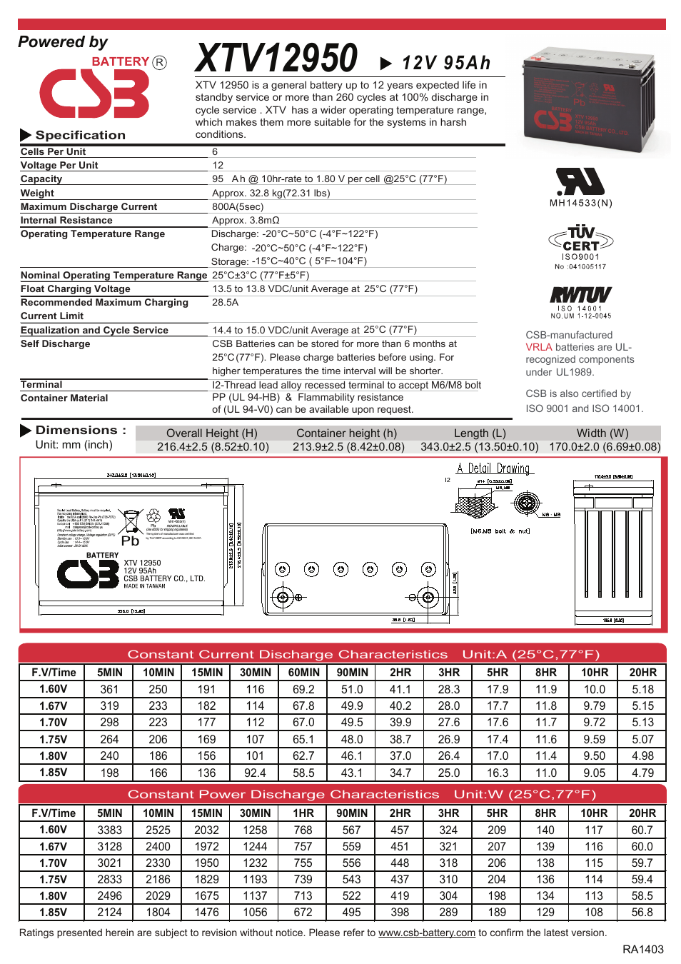 CSB Battery XTV12950 User Manual | 2 pages