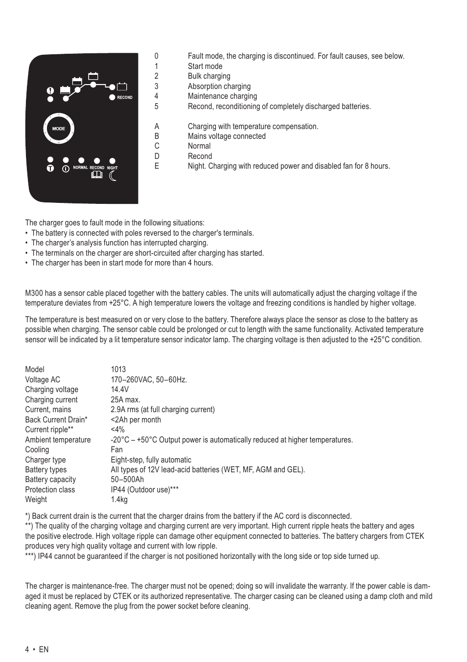 Indicators, Temperature compensation, Specification | Maintenance | CTEK M 300 User Manual | Page 4 / 8