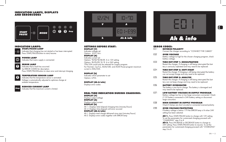 Set a ah & info v h, Start pause mode, Mxts 70 | Normal agm gel agm power ca/ca supply amp | CTEK MXTS 70 User Manual | Page 3 / 6
