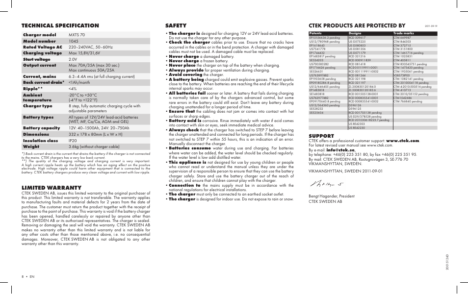 Limited warranty, Technical specification safety, Ctek products are protected by | Support | CTEK MXTS 70 User Manual | Page 6 / 6