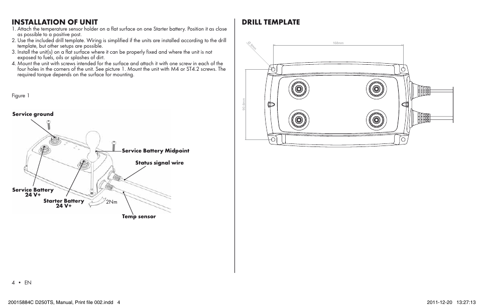 Installation of unit, Drill template | CTEK D250TS User Manual | Page 2 / 6