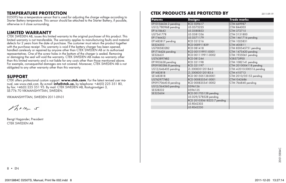 Limited warranty, Support | CTEK D250TS User Manual | Page 6 / 6