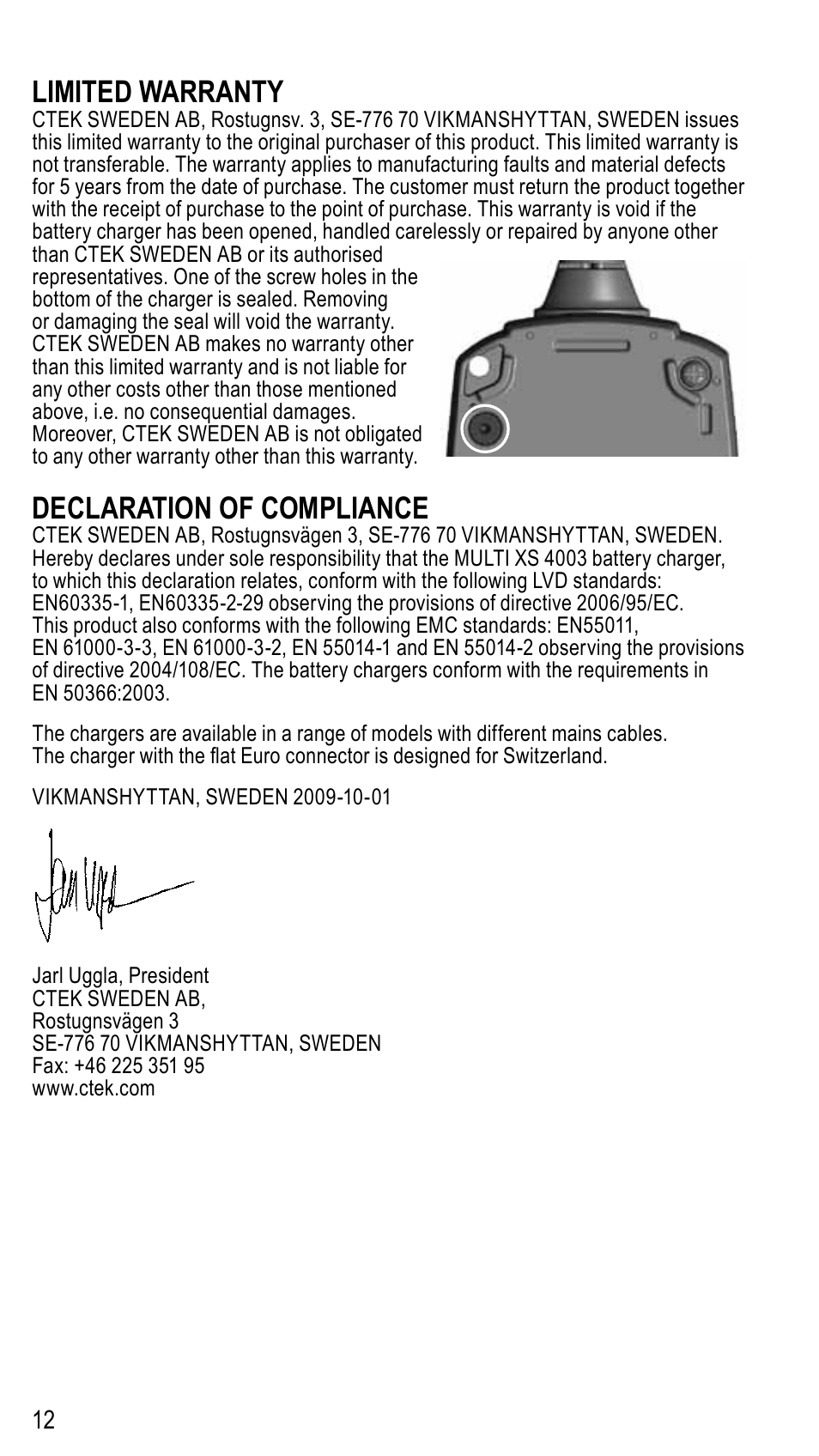 Limited warranty, Declaration of compliance | CTEK MXS 4003 User Manual | Page 12 / 12