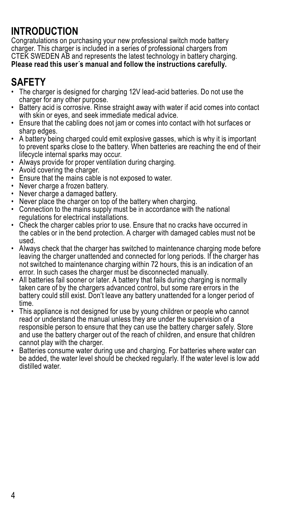 Introduction, Safety | CTEK MXS 4003 User Manual | Page 4 / 12