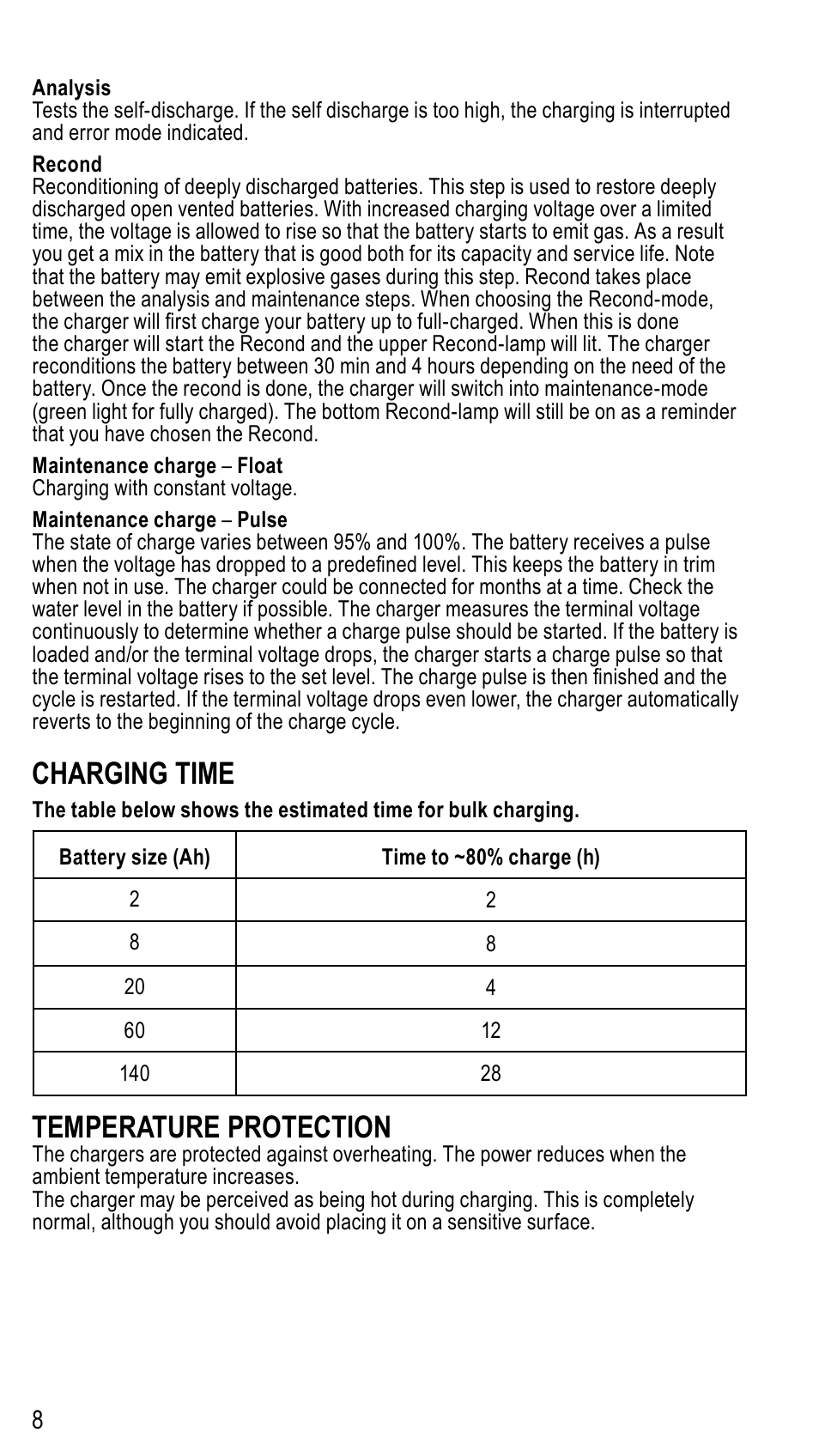 Charging time, Temperature protection | CTEK MXS 4003 User Manual | Page 8 / 12