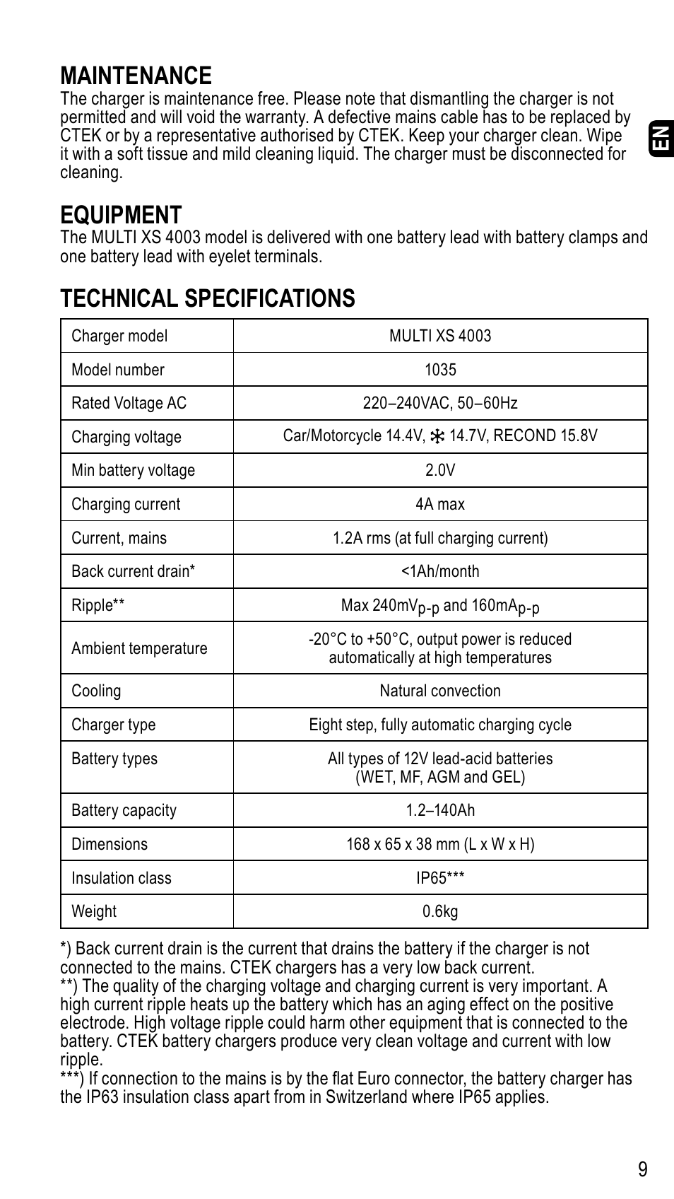 Maintenance, Equipment, Technical specifications | CTEK MXS 4003 User Manual | Page 9 / 12