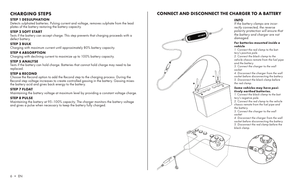 Comfort connect, Charging steps, Connect and disconnect the charger to a battery | CTEK MXS 5.0 POLAR User Manual | Page 4 / 6