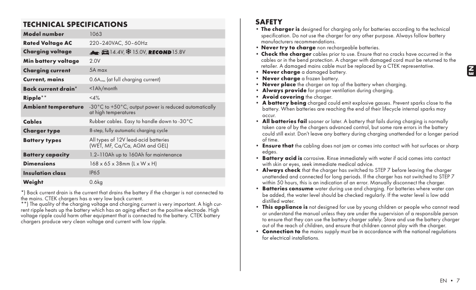 Safety, Technical specifications | CTEK MXS 5.0 POLAR User Manual | Page 5 / 6