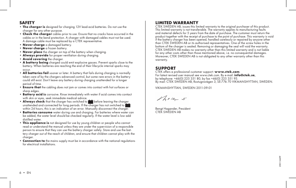 Safety, Limited warranty, Support | CTEK MXS 3.6 User Manual | Page 4 / 5