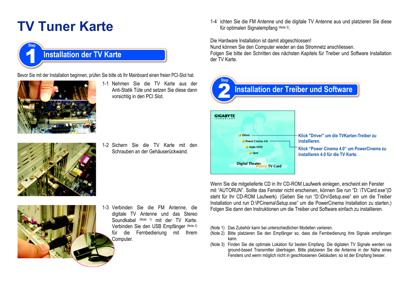 G_tv card_quick guide_1001, Tv tuner karte, Installation der tv karte | Installation der treiber und software | GIGABYTE 12QM-TVPCI01-1001R User Manual | Page 4 / 11